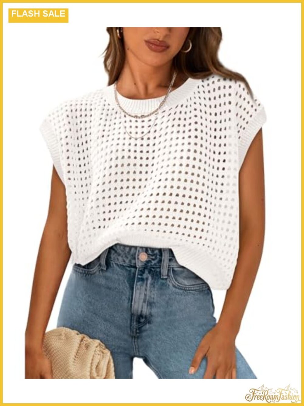 Crochet Cap Sleeve Sweater Top 100% Cotton Loose Fit